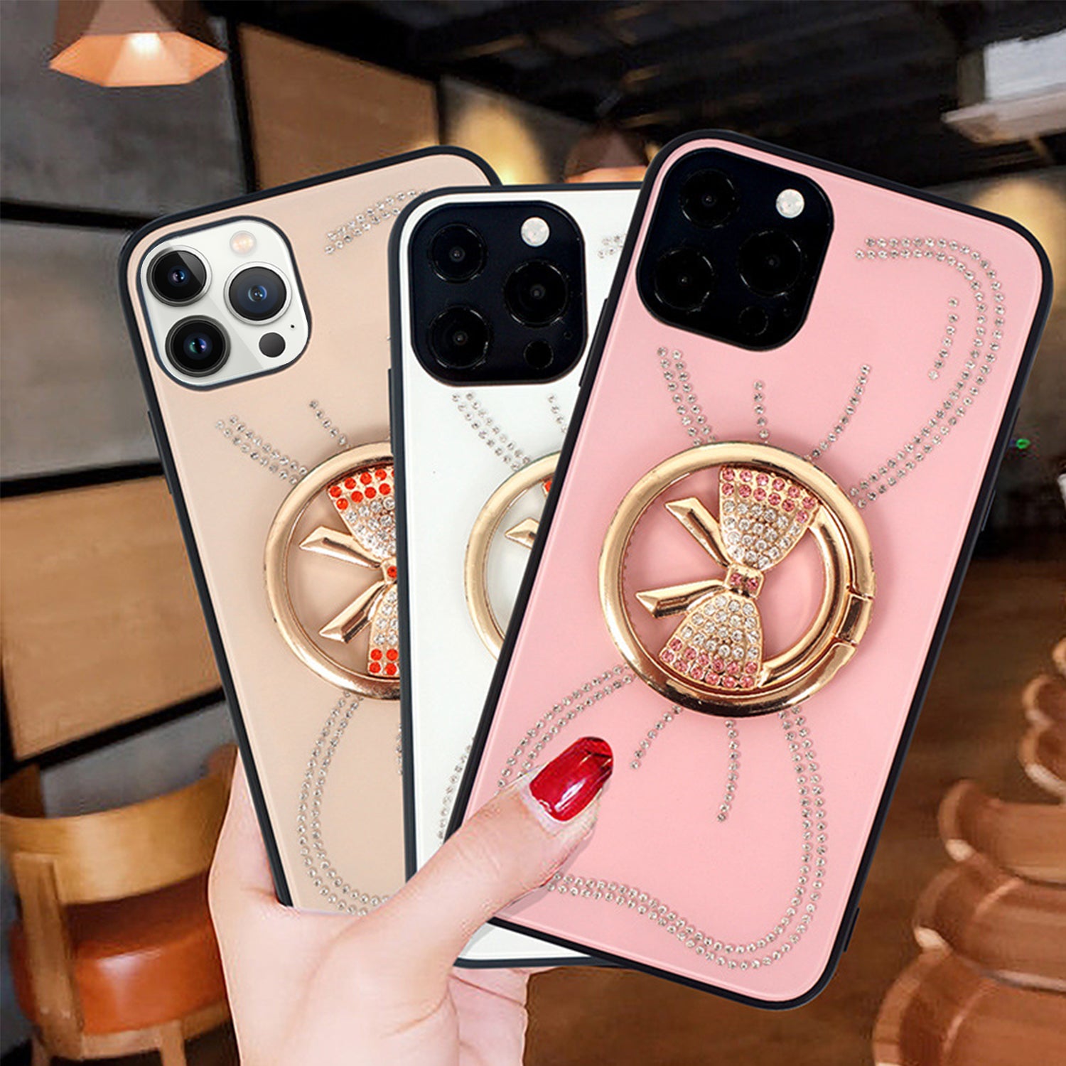 Large bow round support precise hole diamond case for iPhone 13 Pro