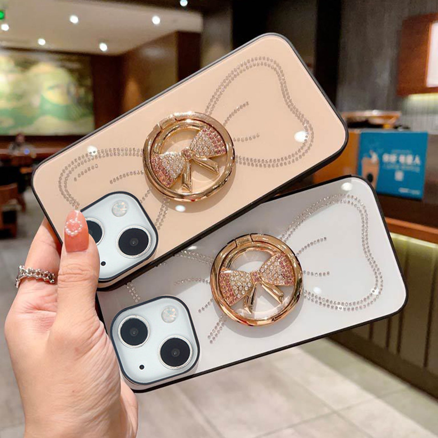 iPhone 13 Large bow round support precise hole diamond case