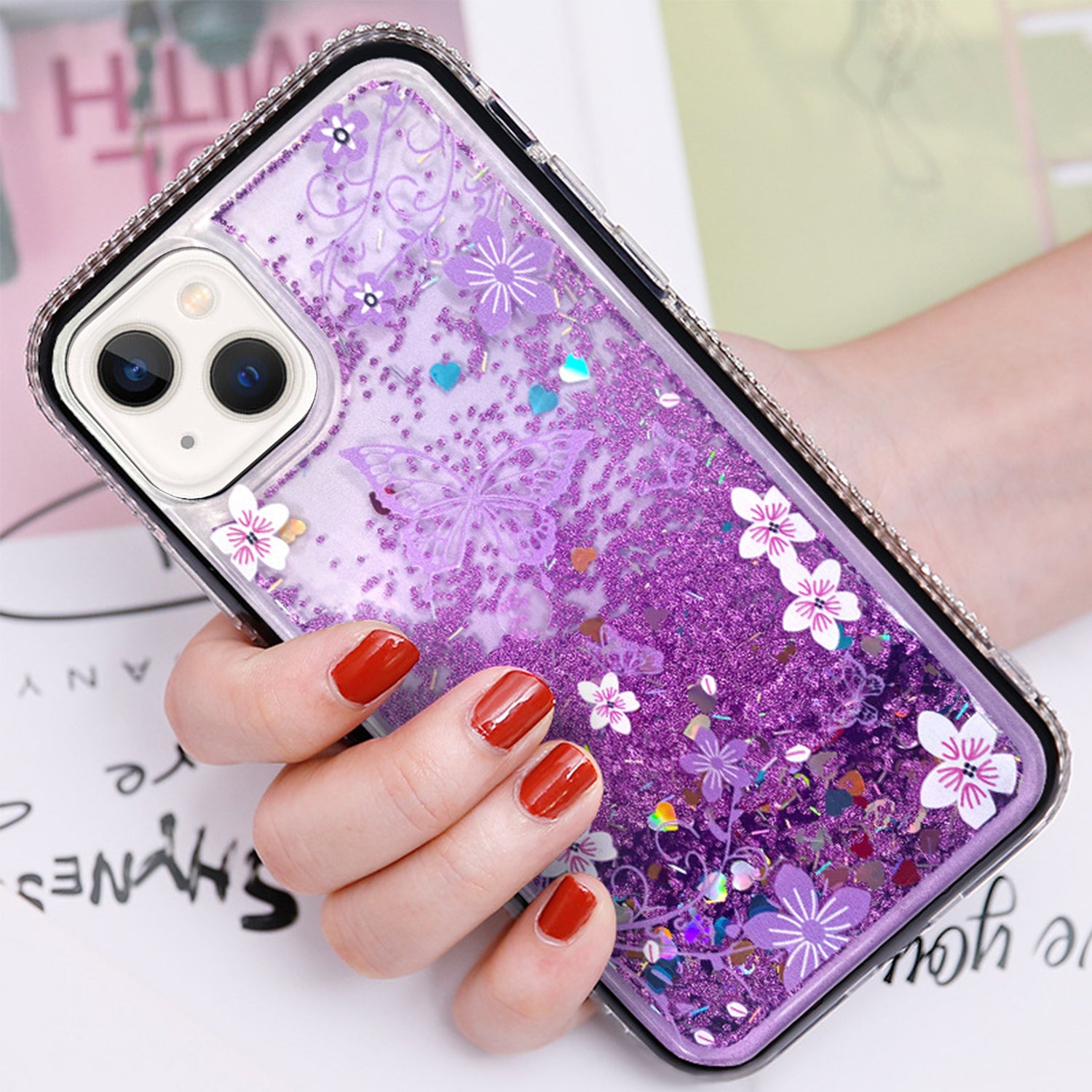 iPhone 13 Diamond inlaid on both sides, colorful butterfly quicksand  case