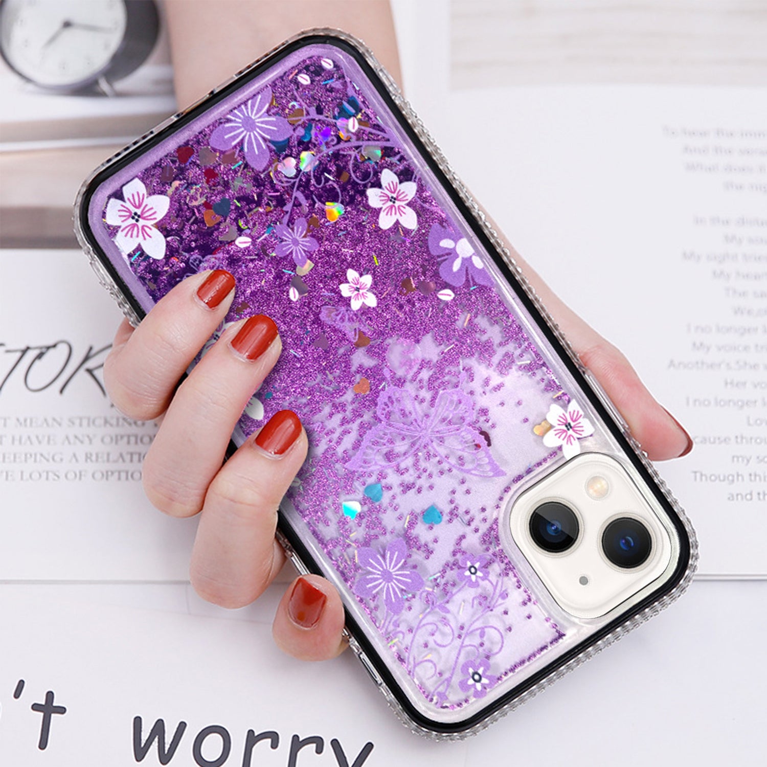iPhone 13 Diamond inlaid on both sides, colorful butterfly quicksand  case