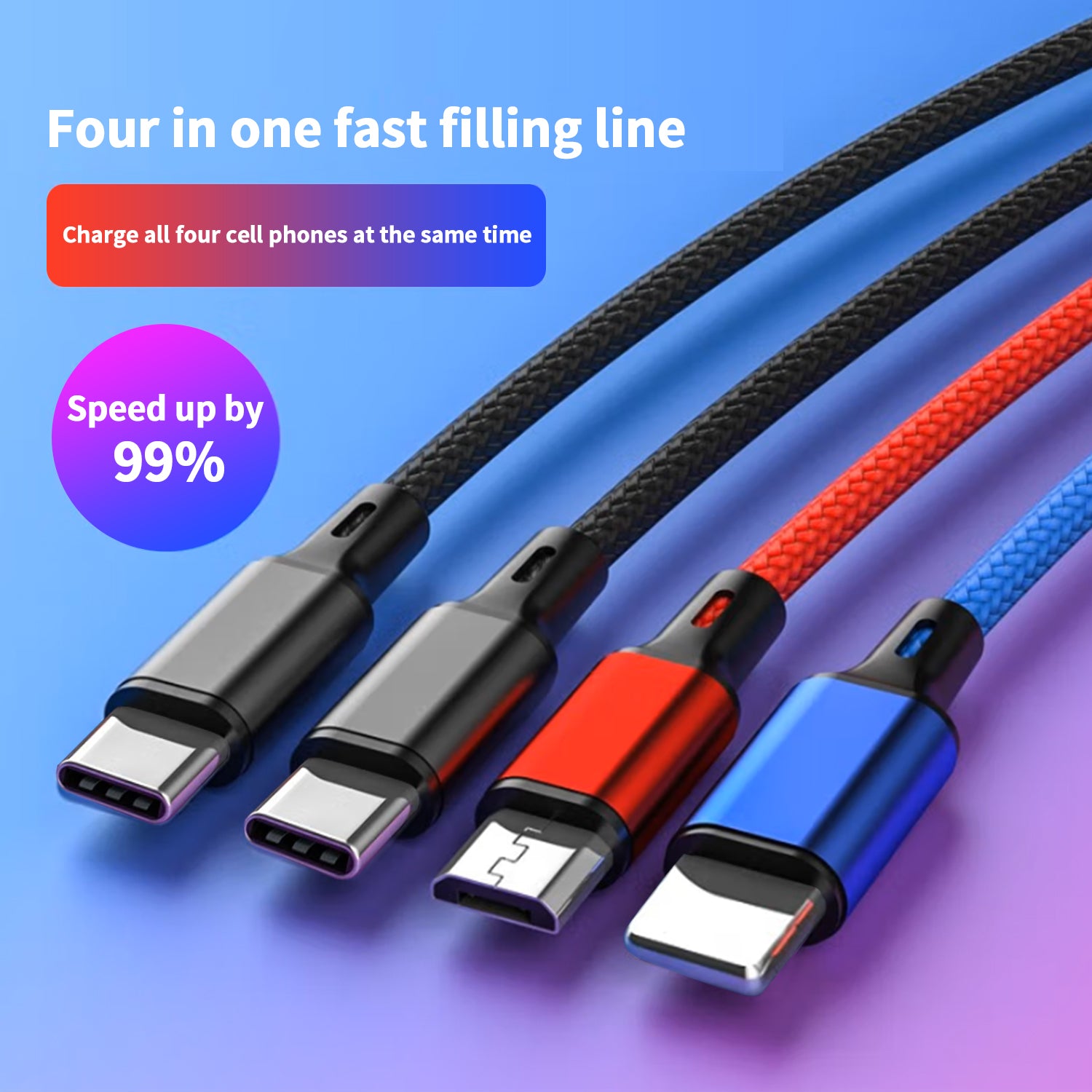 4 in 1 (iPhone/Android/2Type-C) super fast charging cable-Black