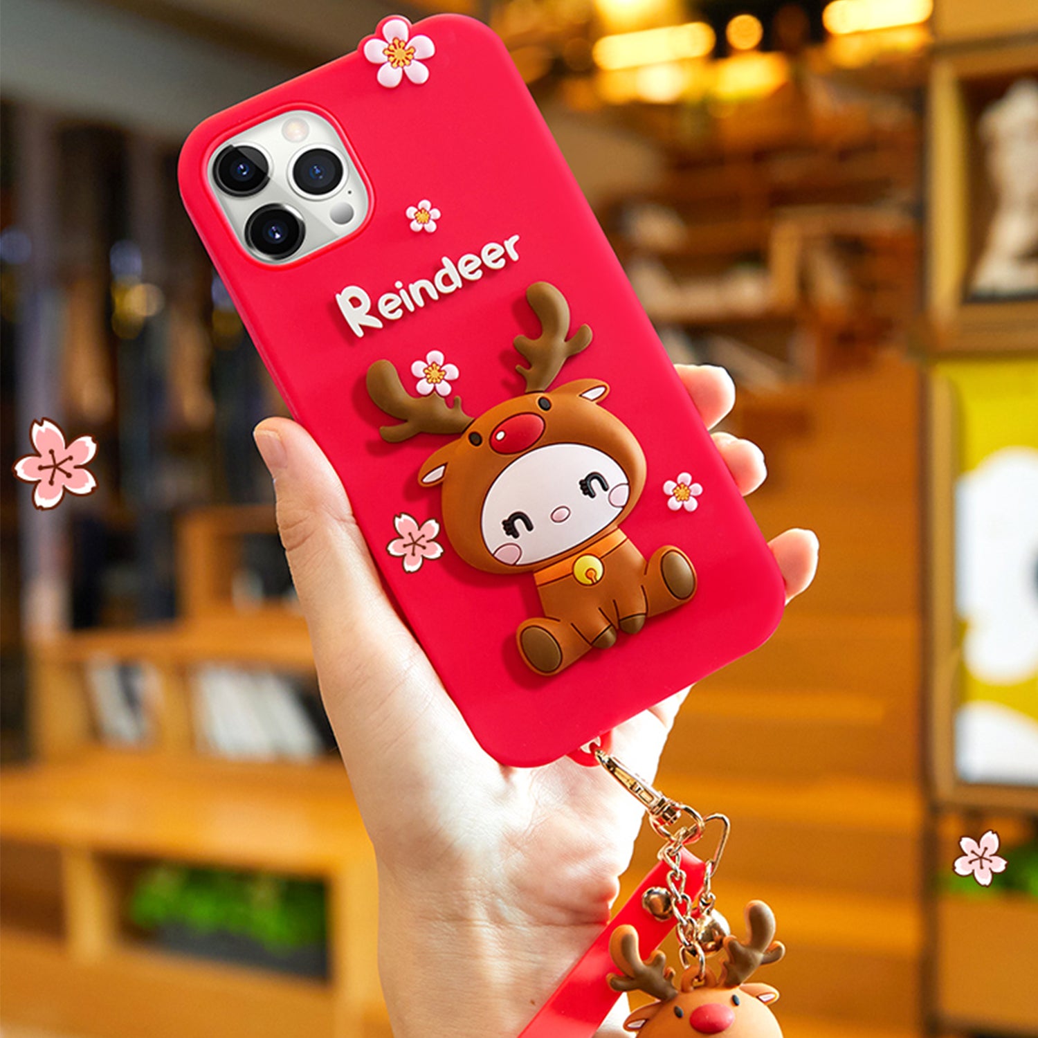 3D Silicone Cute Reindeer With Pendant Cartoon Case for iPhone 12 Pro Max (6.7")
