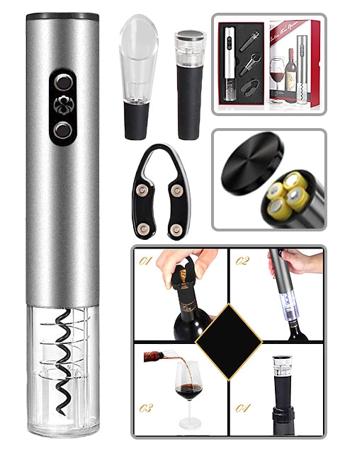 Electric Wine Bottle Opener Set Automatic Corkscrew with Stopper Pourer and Foil Cutter Red Wine Accessories Gift Box-Gray