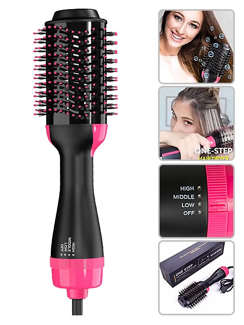2 IN 1 One Step Hair Dryer Hot Air Brush Hair Straightener Comb Curling Brush Hair Styling Tools-Hot Pink