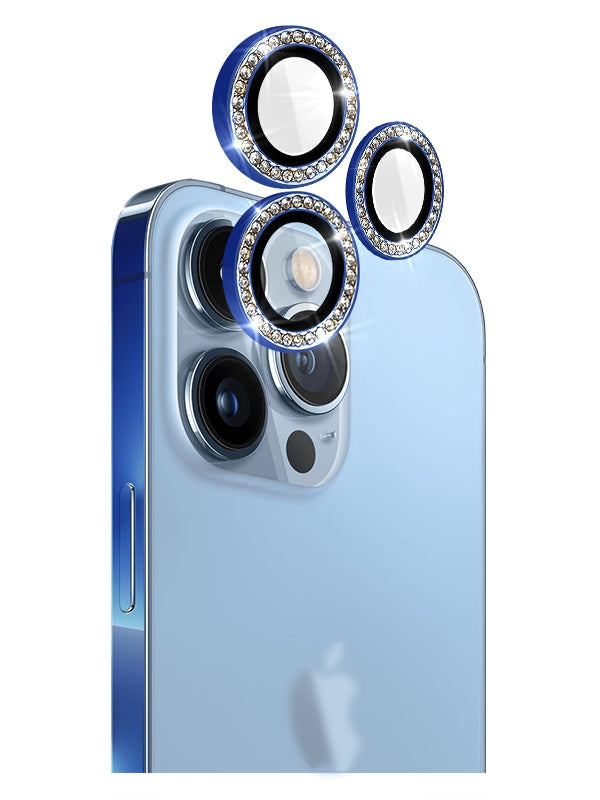 Crystal Diamond Camera Lens Protective Case For iPhone 13 Pro Tempered Glass Aluminum Alloy Lens Screen Cover Eagle Eye Series-Blue