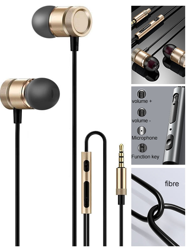 Subwoofer metal bass in ear wired headset-Gold/Black