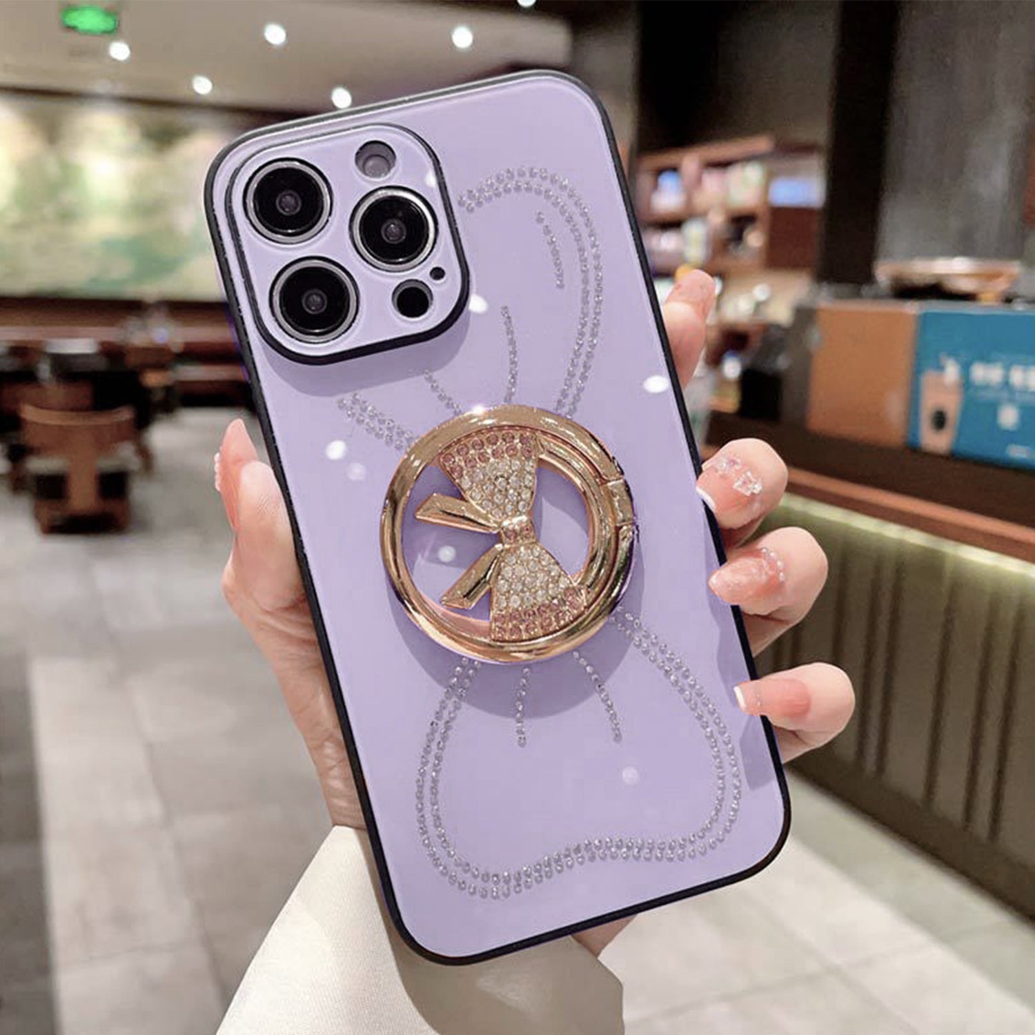 Large bow round support precise hole diamond case for iPhone 13 Pro
