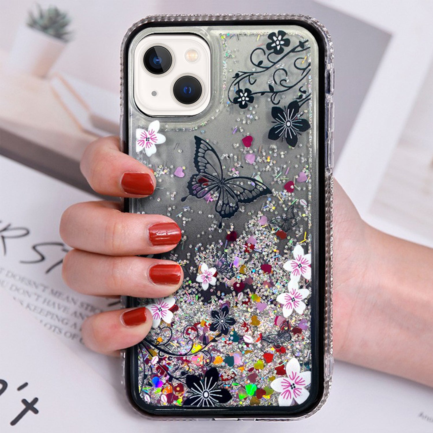 iPhone 13 mini Diamond inlaid on both sides, colorful butterfly quicksand  case
