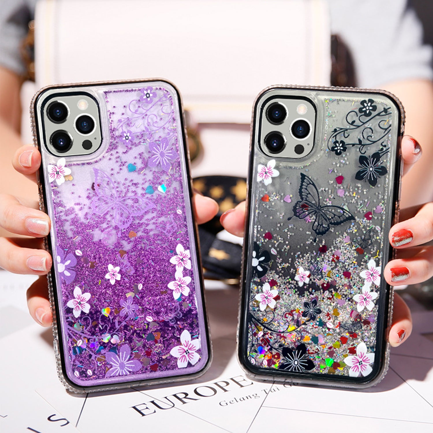 iPhone 13 Pro Diamond inlaid on both sides, colorful butterfly quicksand  case
