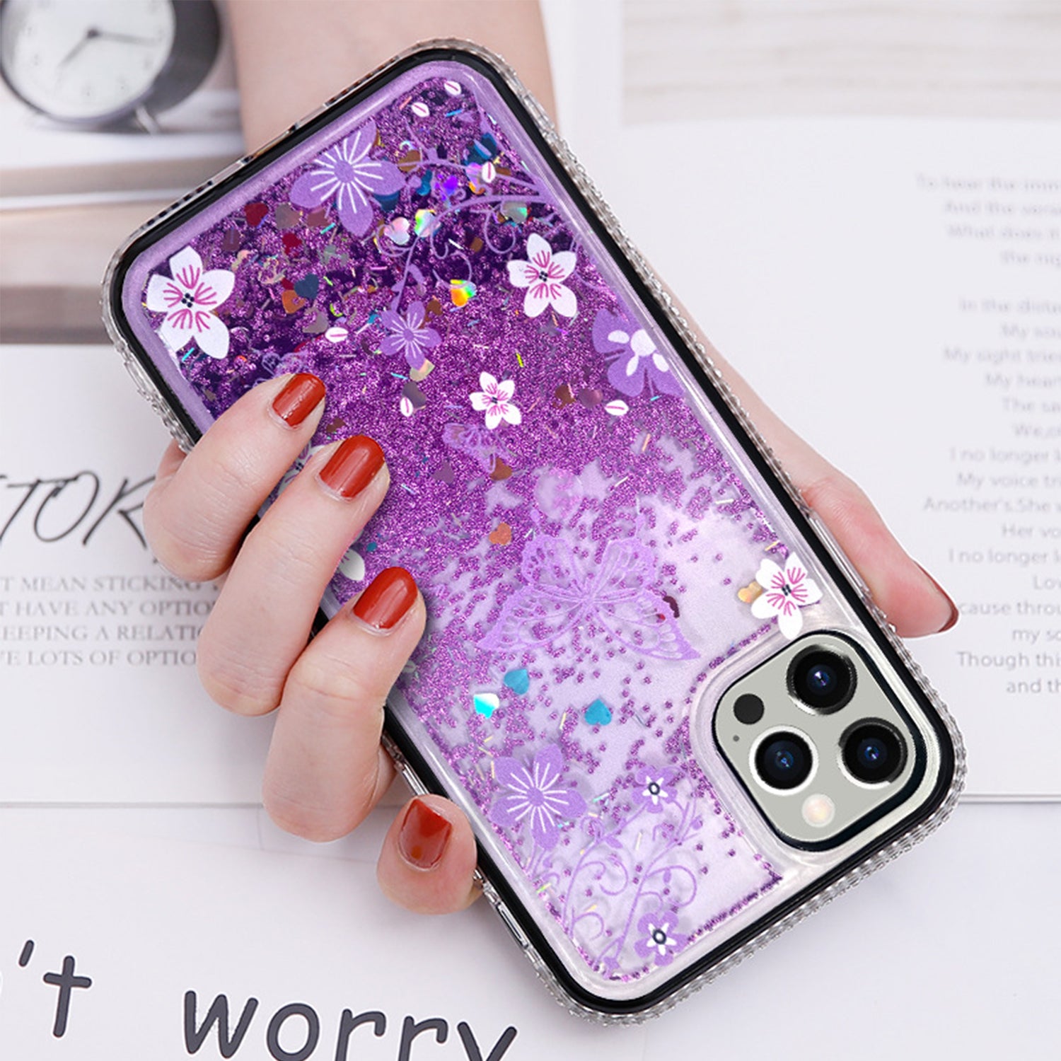 iPhone 13 Pro Max Diamond inlaid on both sides, colorful butterfly quicksand  case
