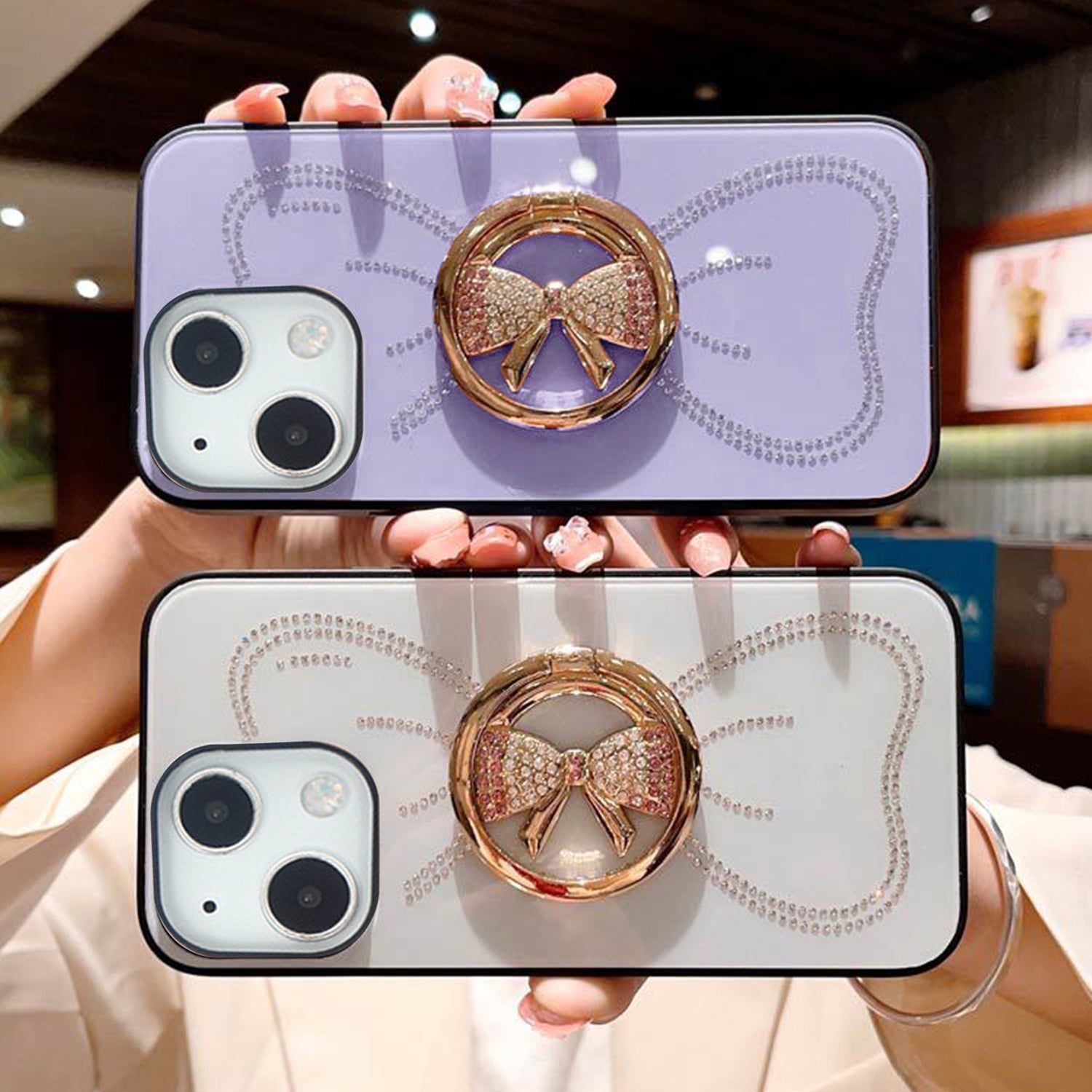 iPhone 13 Large bow round support precise hole diamond case