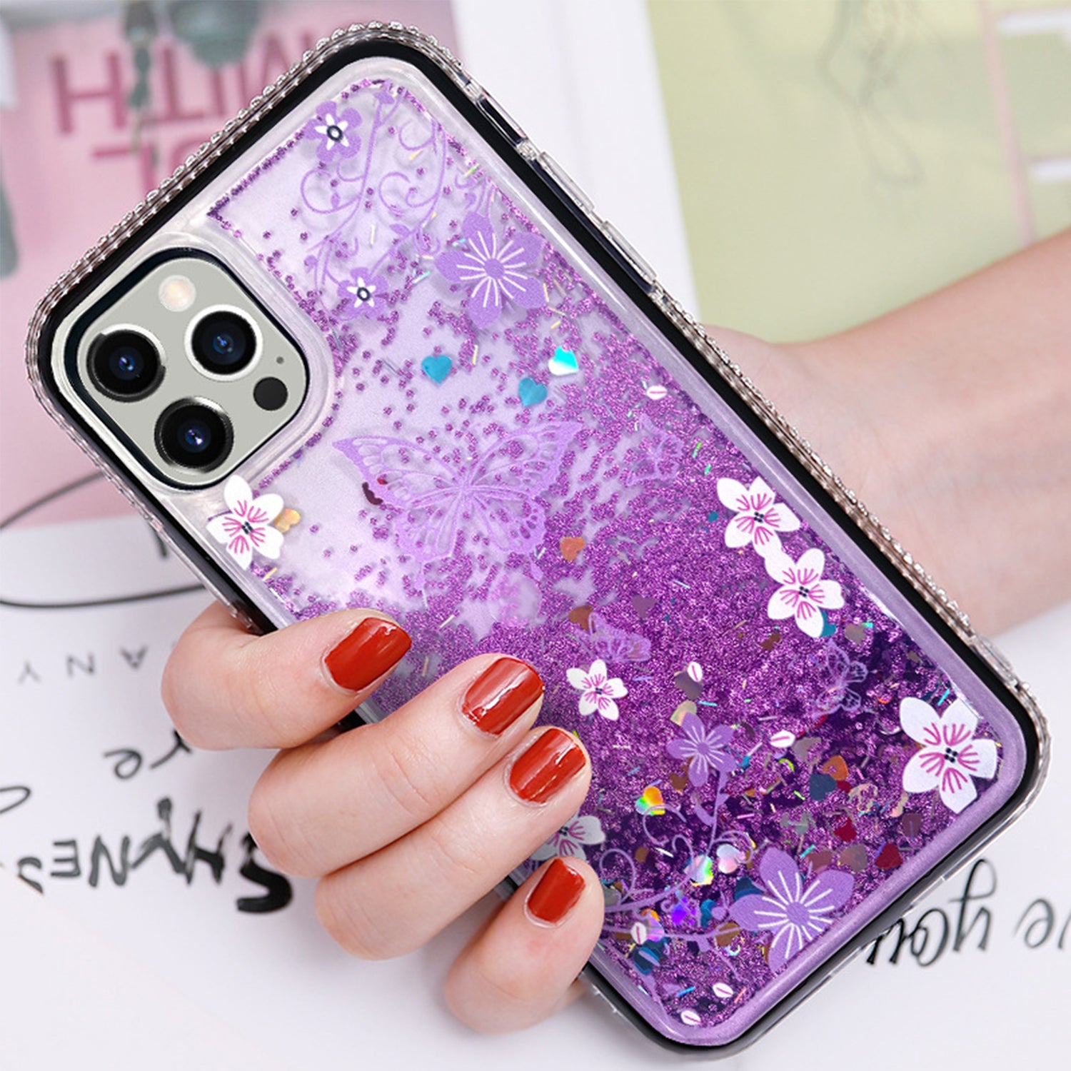 iPhone 13 Pro Max Diamond inlaid on both sides, colorful butterfly quicksand  case