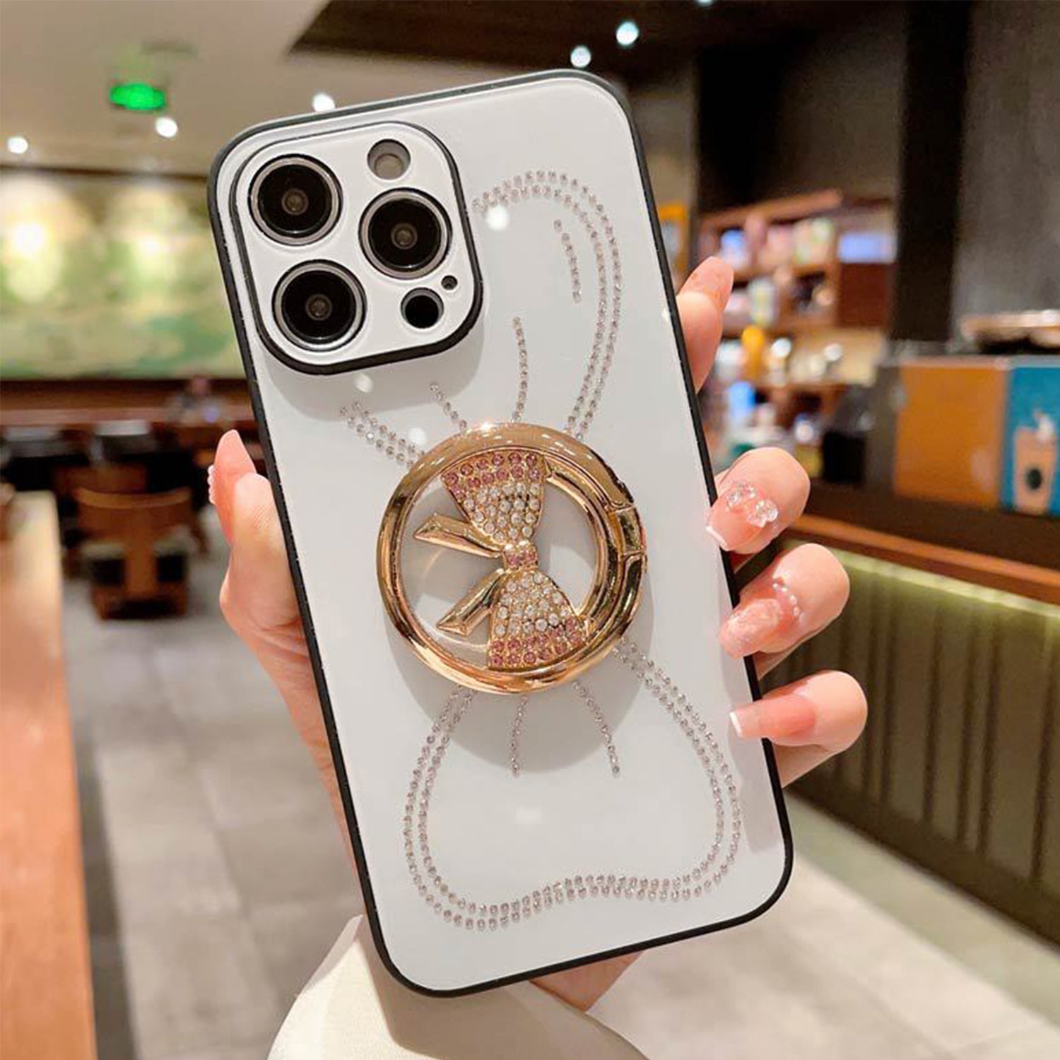 iPhone 13 Pro Max Large bow round support precise hole diamond case