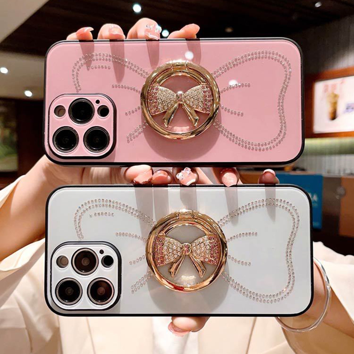 iPhone 13 Pro Max Large bow round support precise hole diamond case