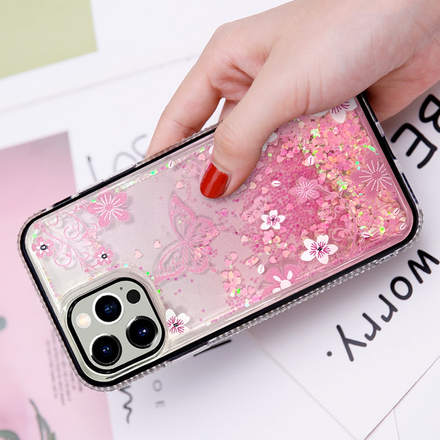 iPhone 13 Pro Max Diamond inlaid on both sides, colorful butterfly quicksand  case