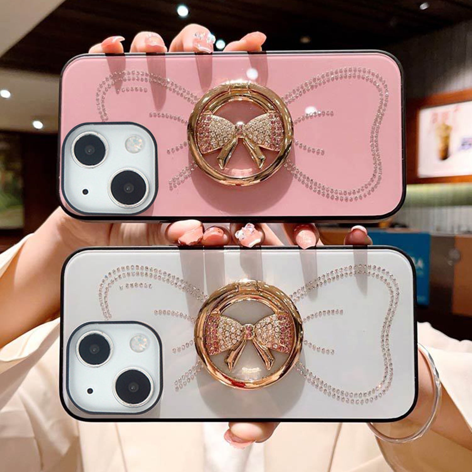 iPhone 13 Large bow round support precise hole diamond case