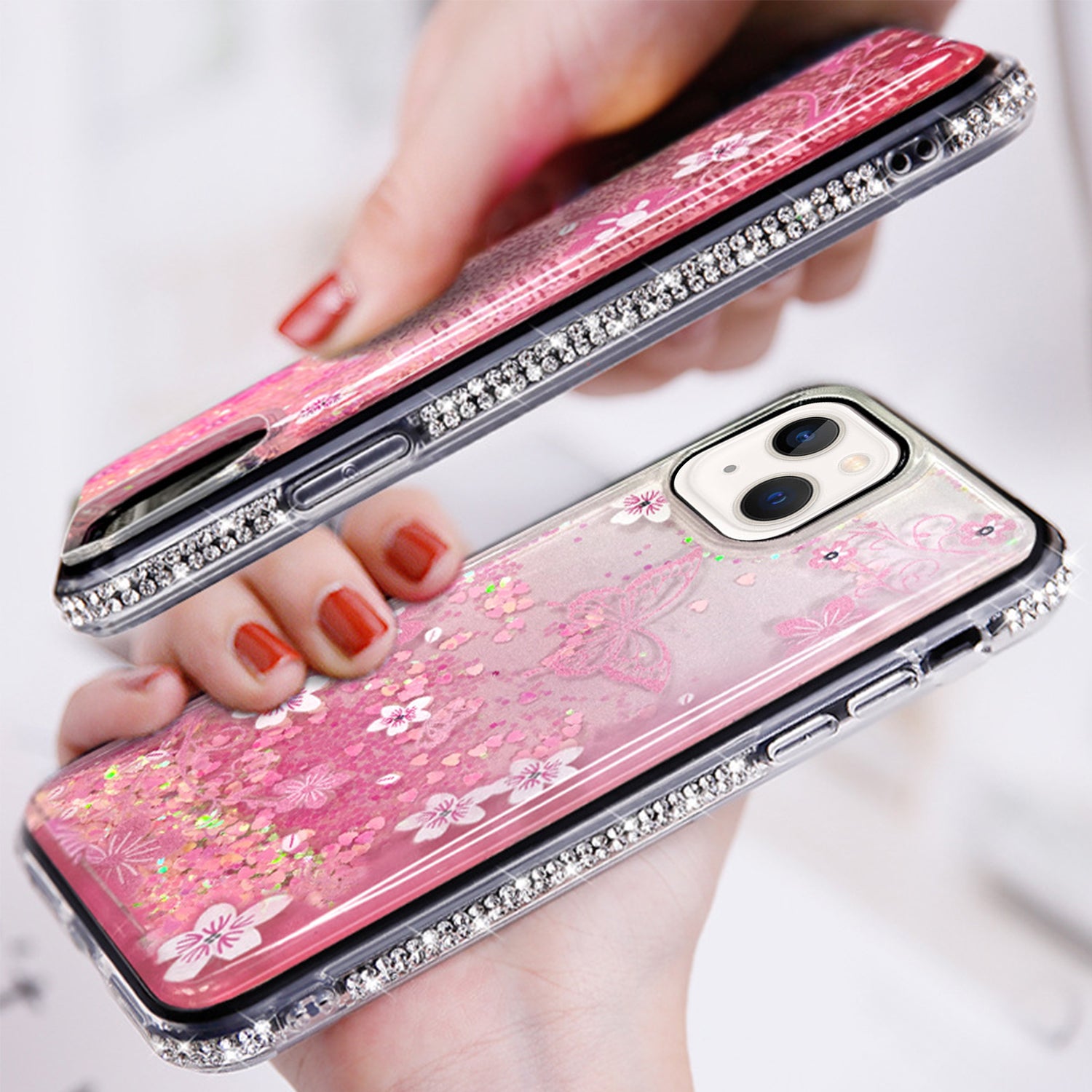 iPhone 13 mini Diamond inlaid on both sides, colorful butterfly quicksand  case