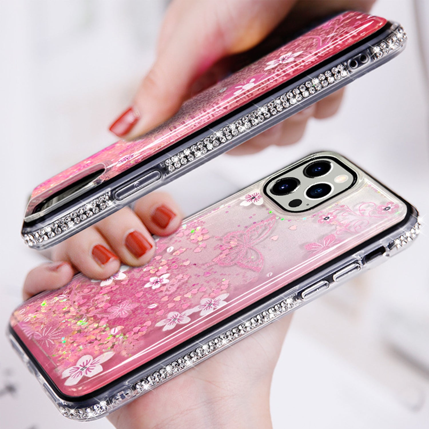 iPhone 13 Pro Max Diamond inlaid on both sides, colorful butterfly quicksand  case