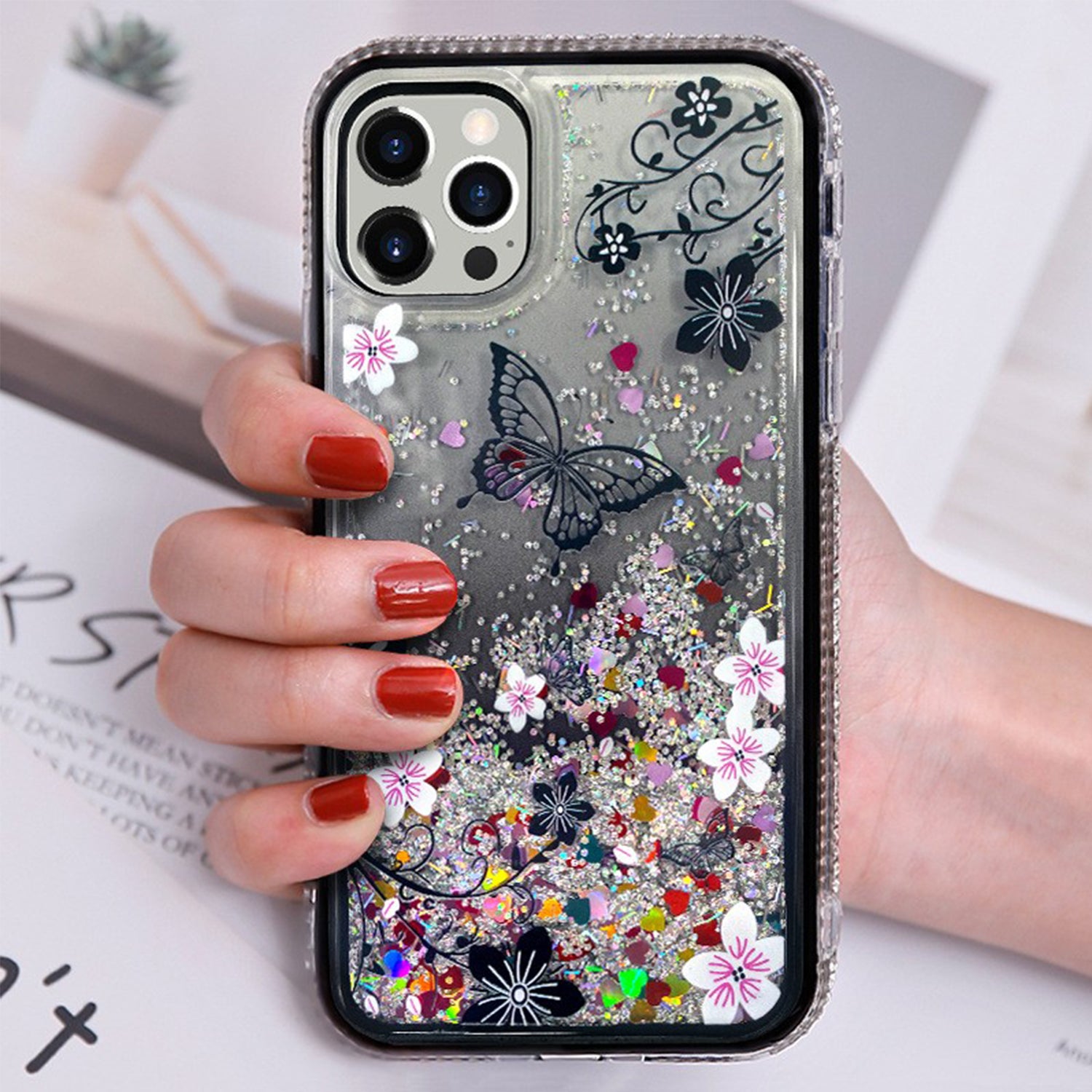 iPhone 13 Pro Max Diamond inlaid on both sides, colorful butterfly quicksand  case