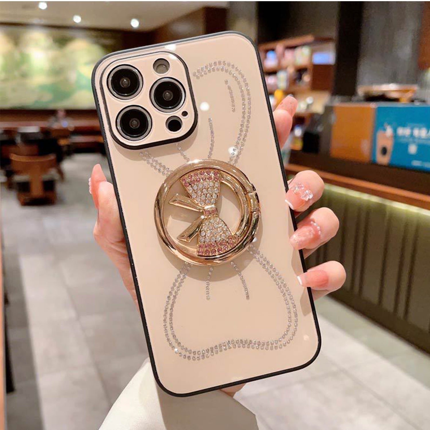 iPhone 13 Pro Max Large bow round support precise hole diamond case