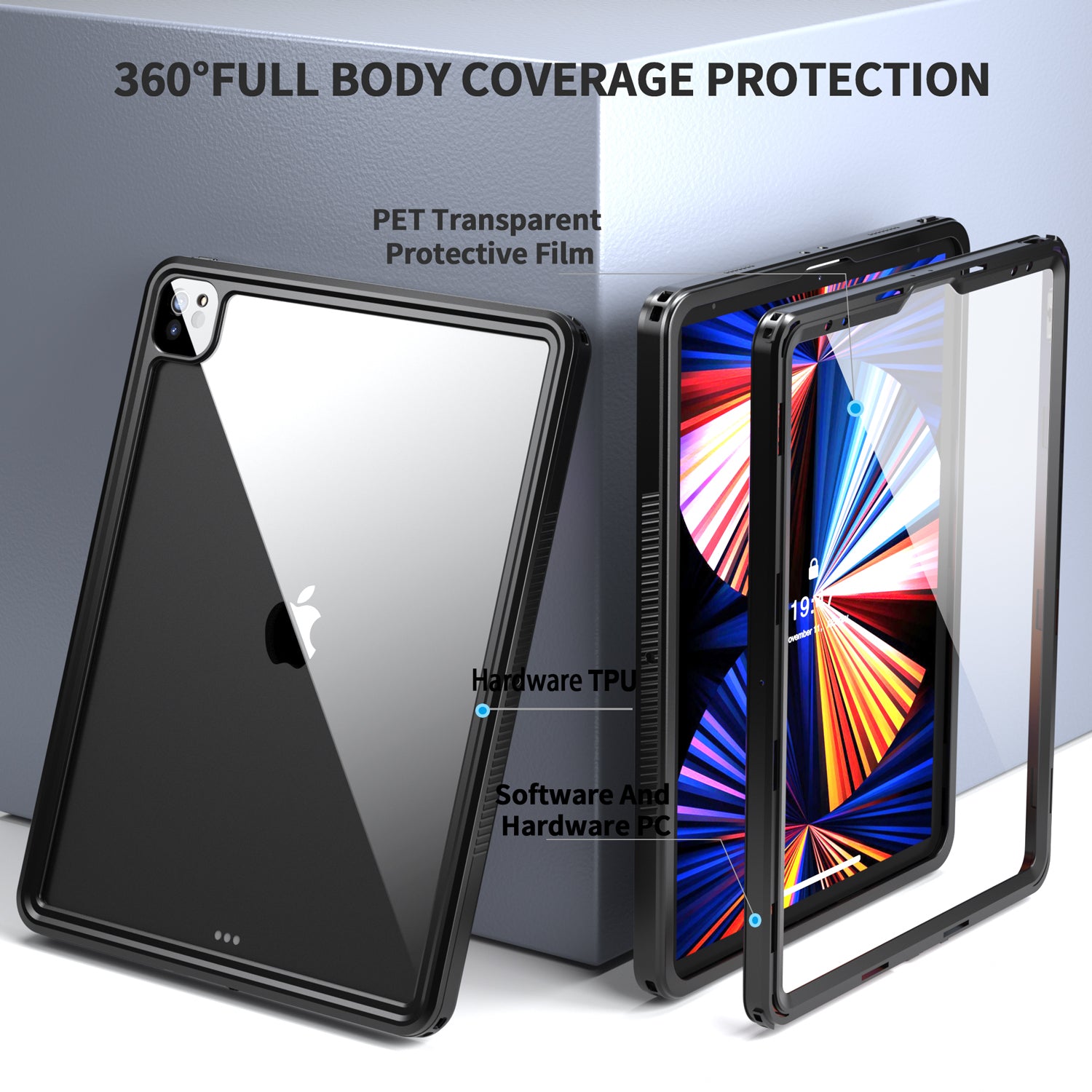 Apple iPad Pro 6/5/4(12.9'') 360 Full Protective Waterproof Case with Built-in Screen Fingerprint Protector