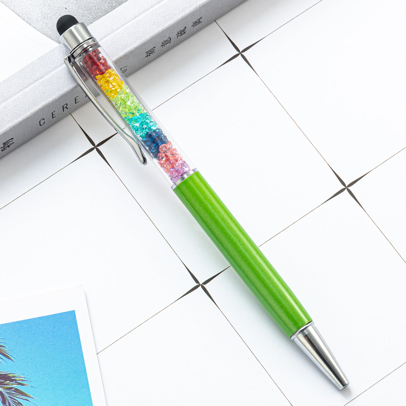 Capacitive Touch Screen Ballpoint Pen Cute Rainbow Diamond Crystal Ball Pens School Writing Supplies - Green