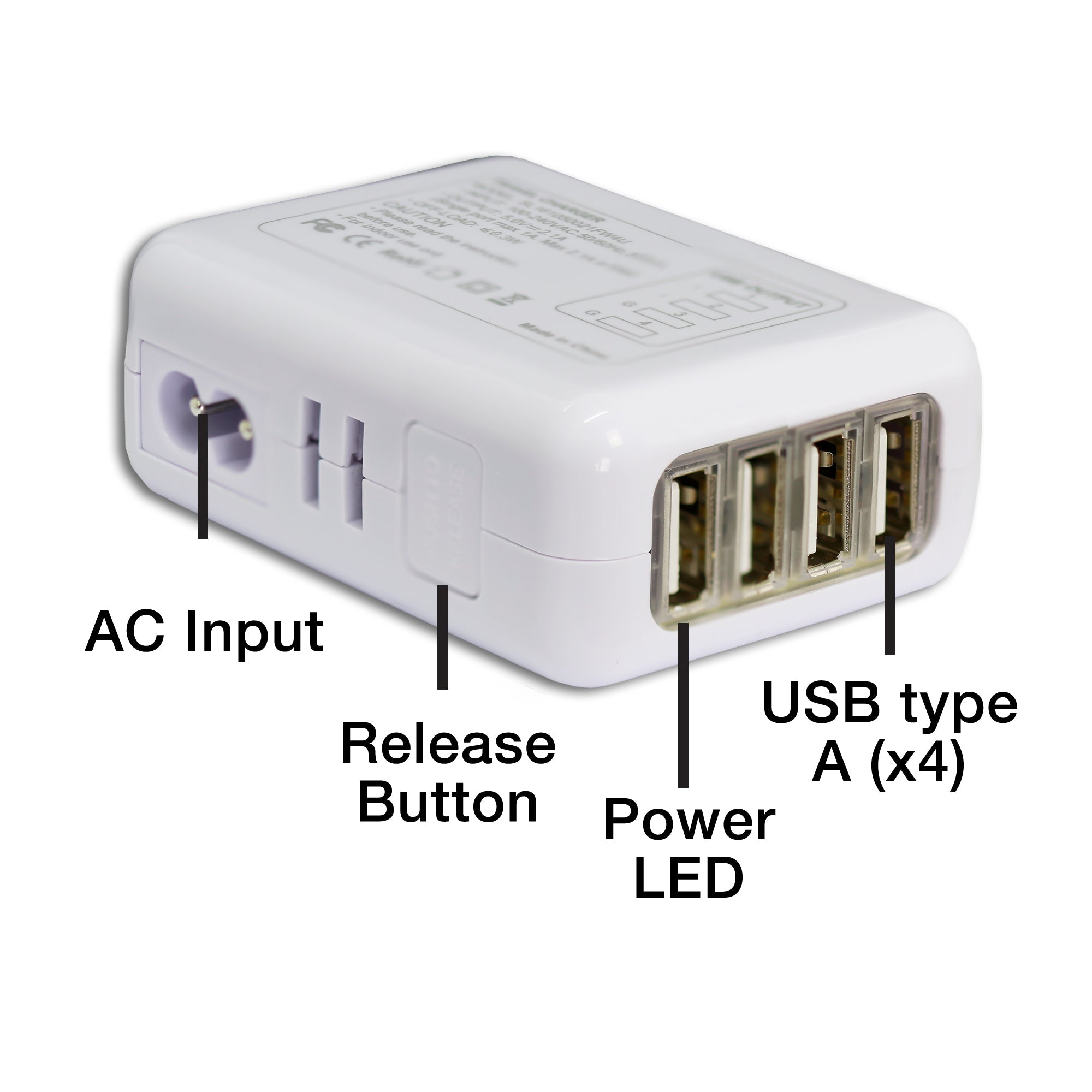 Travel Charger Four Port USB A/C Power Adapter - White
