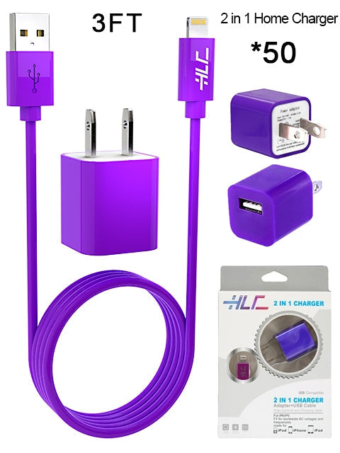 50 PCS 2 in 1 Home Charger for iPhone XM/XR/X/8/7/6/5