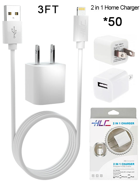 50 PCS 2 in 1 Home Charger for iPhone XM/XR/X/8/7/6/5