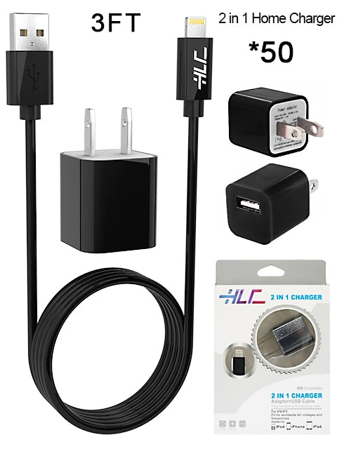 50 PCS 2 in 1 Home Charger for iPhone XM/XR/X/8/7/6/5