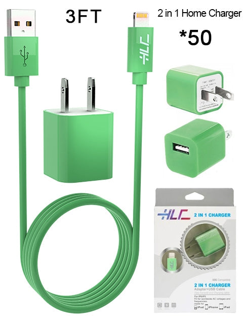 50 PCS 2 in 1 Home Charger for iPhone XM/XR/X/8/7/6/5