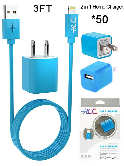 50 PCS 2 in 1 Home Charger for iPhone XM/XR/X/8/7/6/5