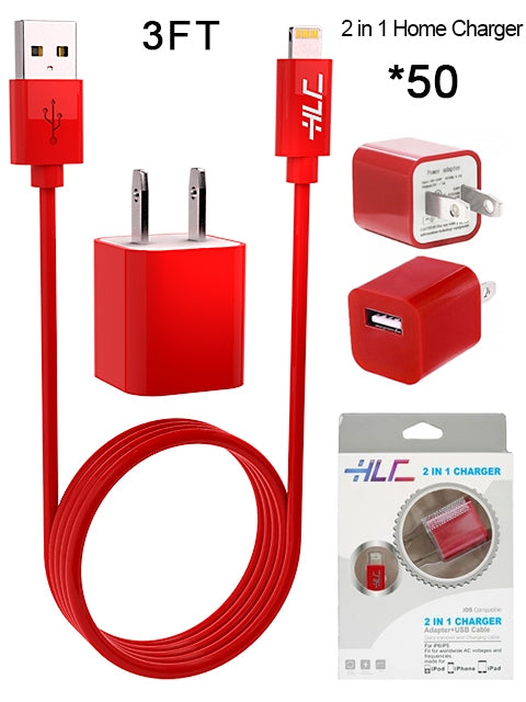50 PCS 2 in 1 Home Charger for iPhone XM/XR/X/8/7/6/5