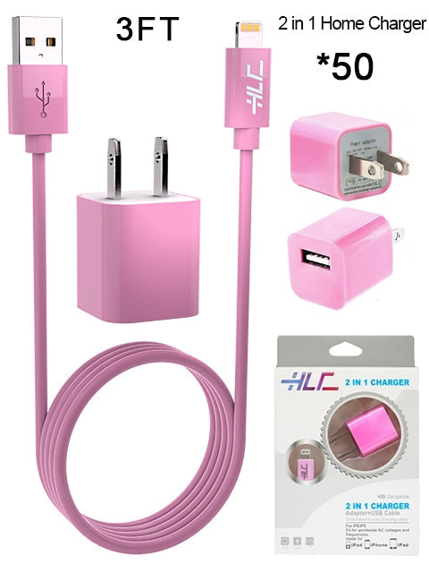 50 PCS 2 in 1 Home Charger for iPhone XM/XR/X/8/7/6/5