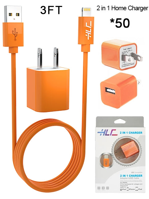 50 PCS 2 in 1 Home Charger for iPhone XM/XR/X/8/7/6/5