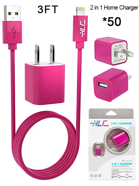 50 PCS 2 in 1 Home Charger for iPhone XM/XR/X/8/7/6/5