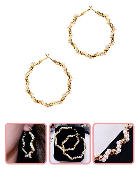 A Dozen of Gold Metal Large Hoop with Pearl Fashion Earrings (E775)