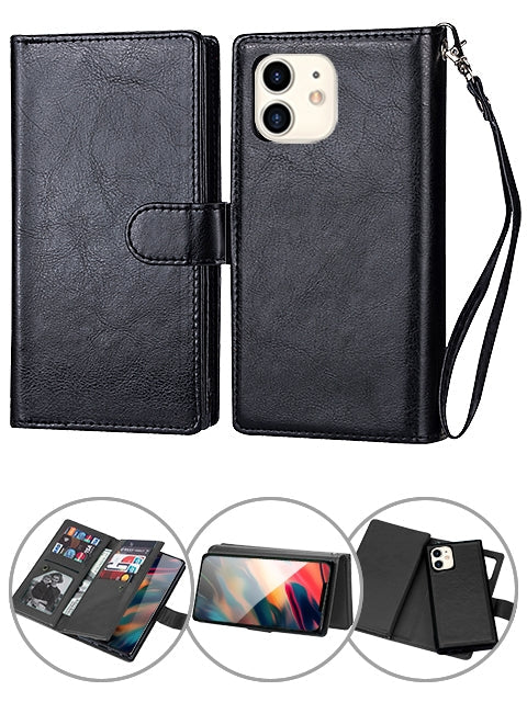 iPhone 12 Pro/12 (6.1") 2 in 1 Leather Wallet Case With 9 Credit Card Slots and Removable Back Cover 