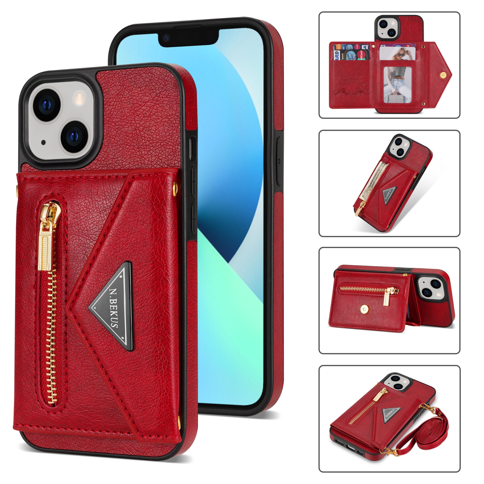 iPhone 14/13 lanyard 2 in 1 Leather card bag case card slots