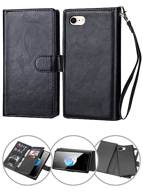 iPhone SE3/SE2/8/7 (4.7") 2 in 1 Leather Wallet Case With 9 Credit Card Slots and Removable Back Cover 