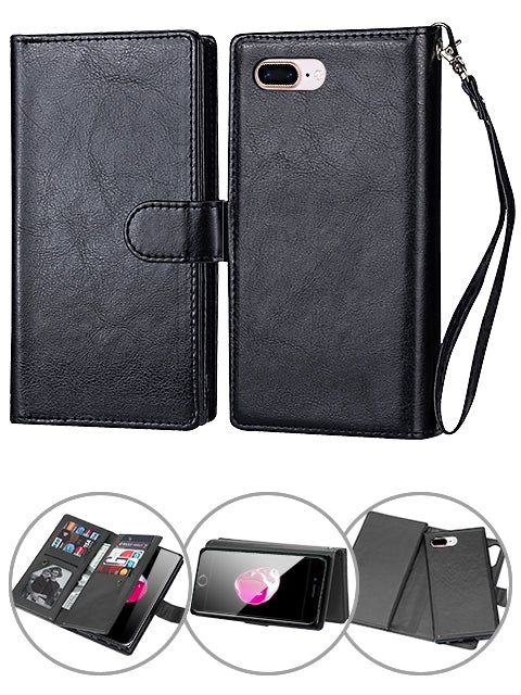 iPhone 8/7 Plus 2 in 1 Leather Wallet Case With 9 Credit Card Slots and Removable Back Cover 
