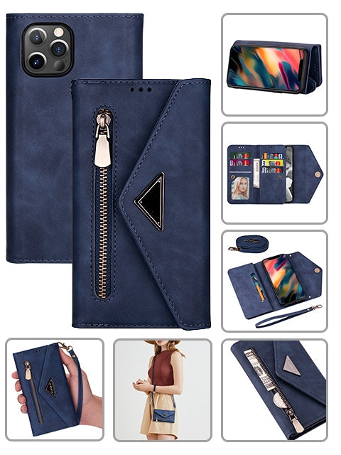 2 IN 1 Leather Wallet Case for iPhone 12 Pro/12 with 7 Credit Card Slots (6.1") - Blue