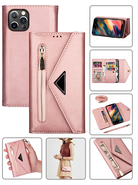 2 IN 1 Leather Wallet Case for iPhone 12 Pro/12 with 7 Credit Card Slots (6.1") - Rose Gold
