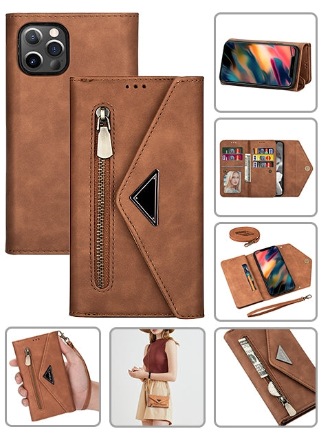 2 IN 1 Leather Wallet Case for iPhone 12 Pro/12 with 7 Credit Card Slots(6.1") - Brown