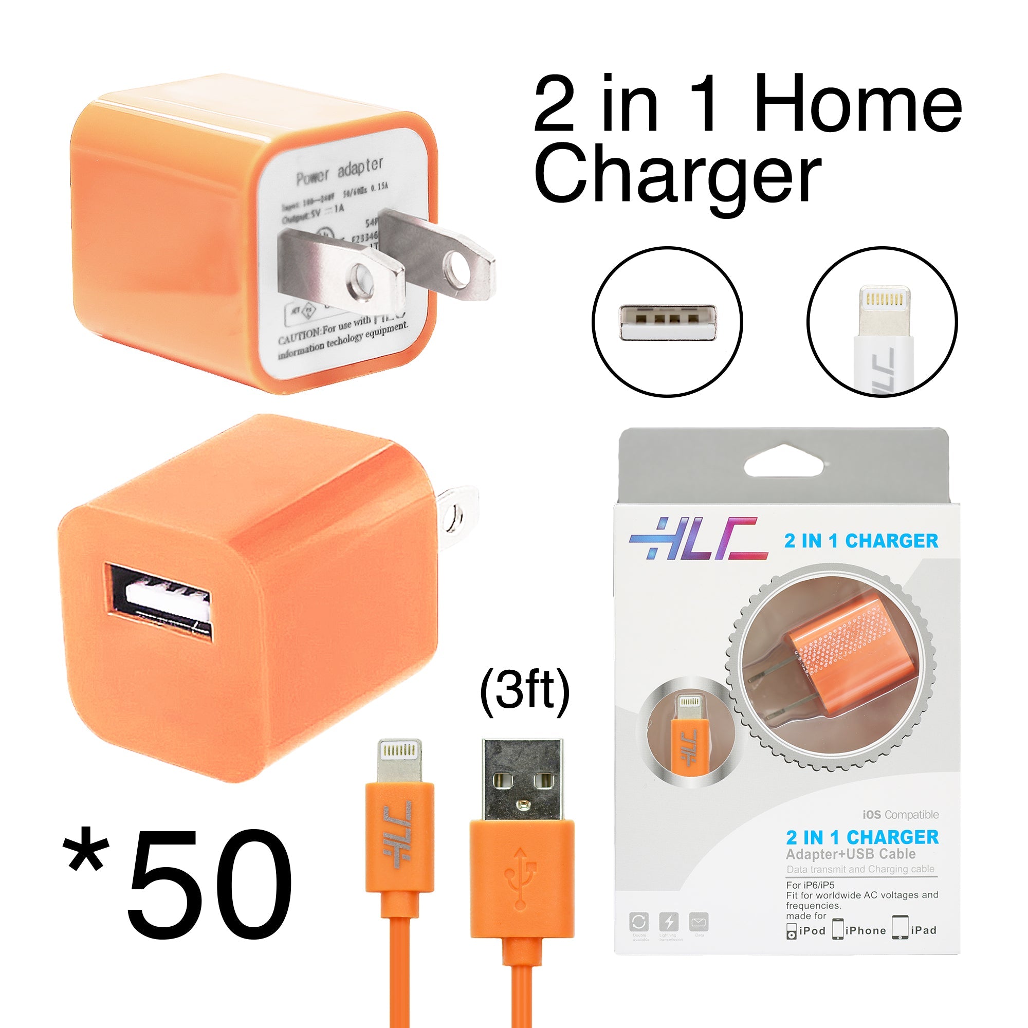 50 PCS 2 in 1 Home Charger for iPhone XM/XR/X/8/7/6/5