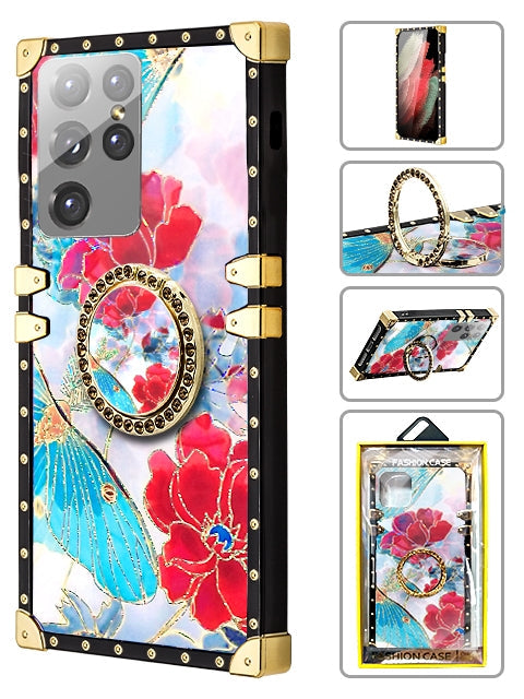 TPU Luxury Shiny Flower Fashion Case with Kickstand for Samsung Galaxy S21 Ultra (6.8")-Red