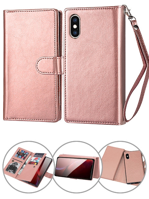 iPhone Xs Max (6.5") 2 in 1 Leather Wallet Case With 9 Credit Card Slots and Removable Back Cover 